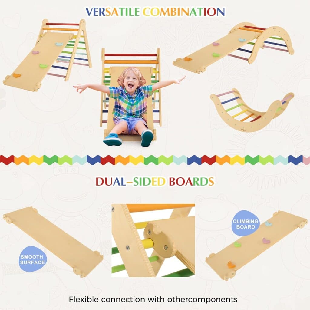 Belleur 7 in 1 Wooden Pikler Triangle Set, Toddler Climbing Toys for Indoor Outdoor with Ramp, Arch, Montessori Climbing Set for Toddler, Baby, Playground Jungle Gym for Kids 1-6 Years - Rainbow