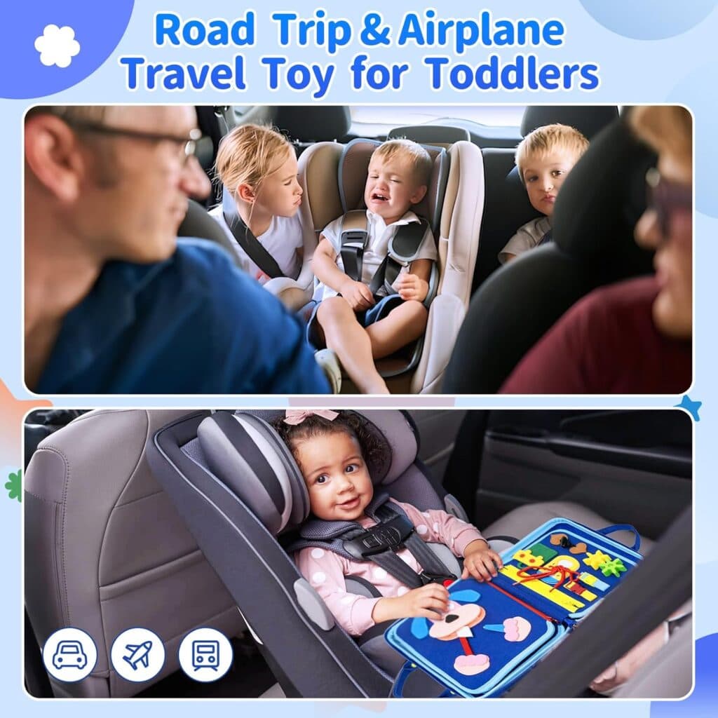 Busy Board Montessori Toys for Toddlers 1 2 3 4 Year-Busy Book Board Travel Toy for Plane Car, Birthday Gift for Boys Girls-Preschool Educational Learning Sensory Activity Motor Skills (Blue)