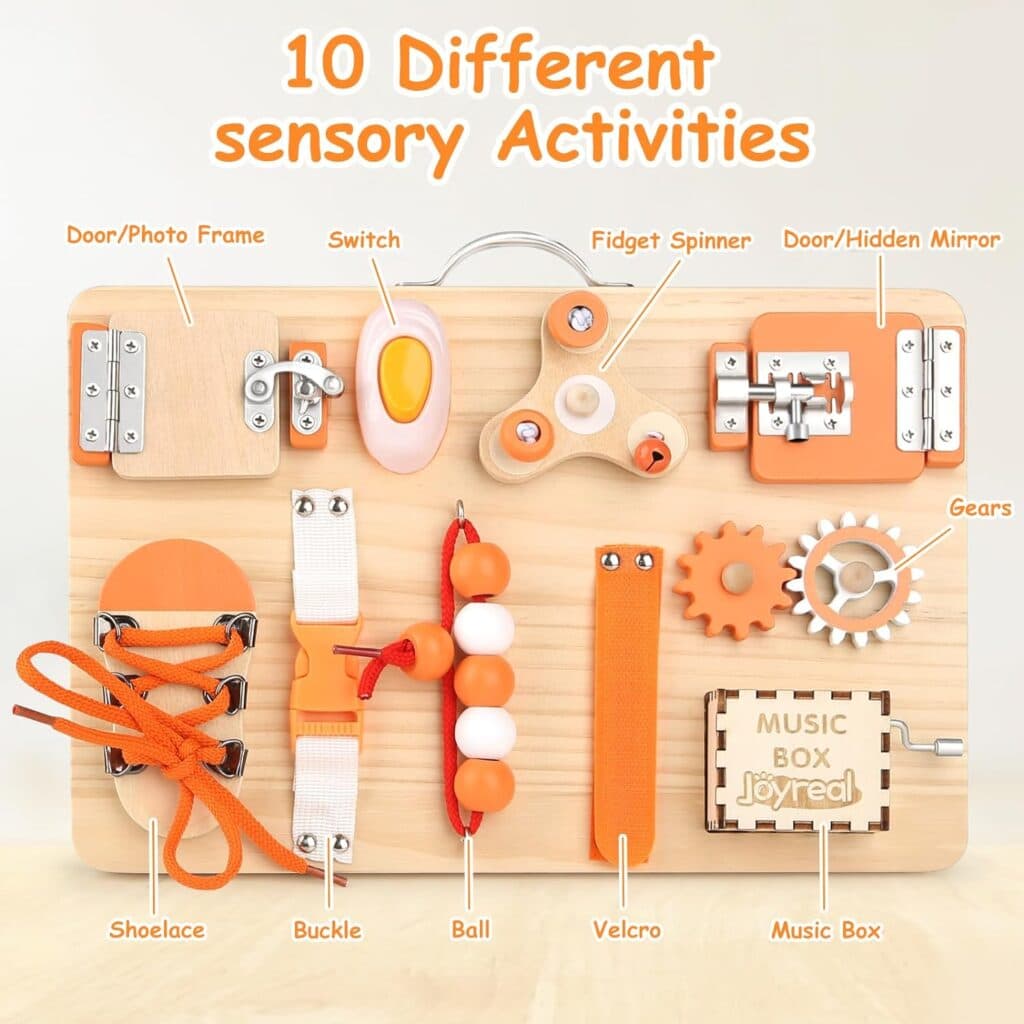 Joyreal Wooden Busy Board for Toddlers - Montessori Sensory Activity Board for Fine Motor Skills, Travel Busy Board Educational Sensory Toys for Children for Toddlers Kids