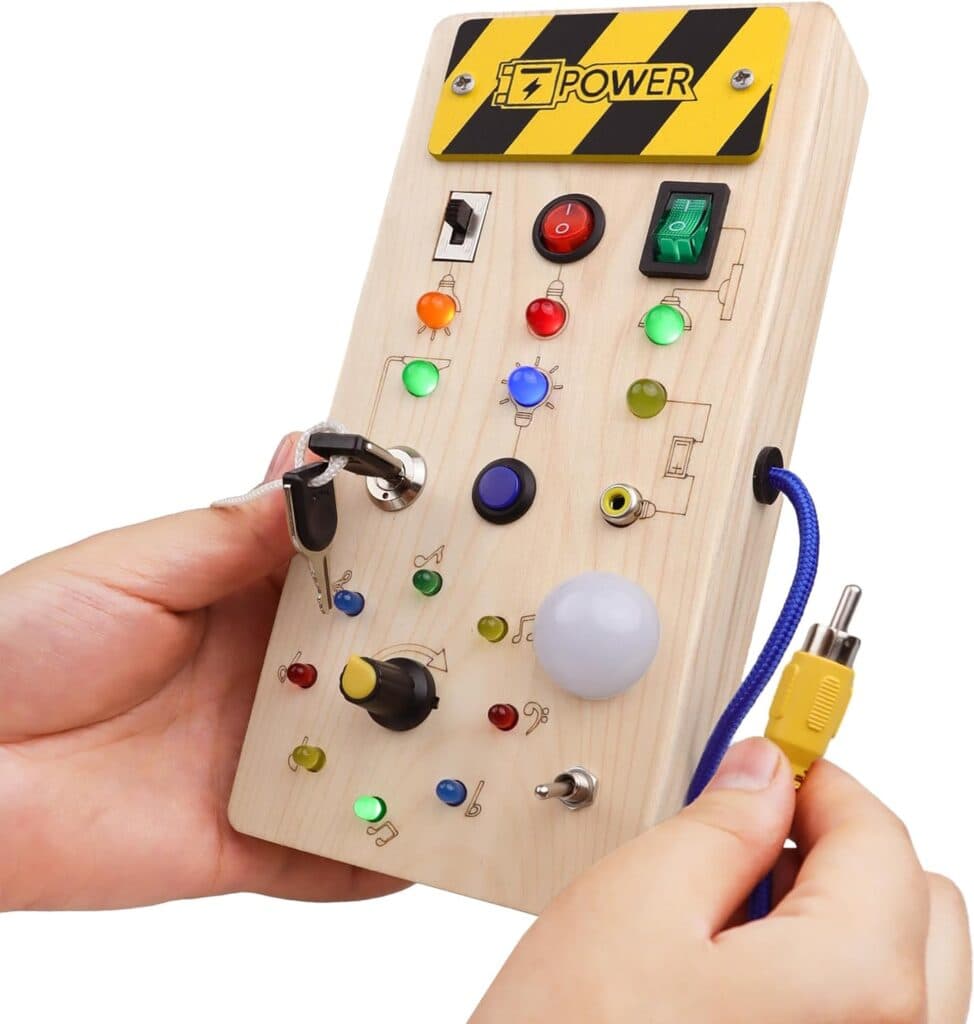 Montessori Switch Busy Board with LED Light - Montessori Toys for 1 2 3 Year Old, Wooden Toddler Busy Board Travel Light Switches Toy, Learning Sensory Toys for Toddlers 1-3 Boys Girls