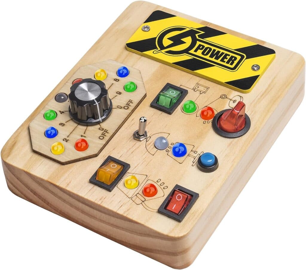 Montessori Toddler Busy Board Toys with LED Light Switch, Sensory Board Toys for Toddlers, Wooden Baby Busy Board Toys Travel Toys for Educational Toddler Activities for Boys Girls Learning Gift
