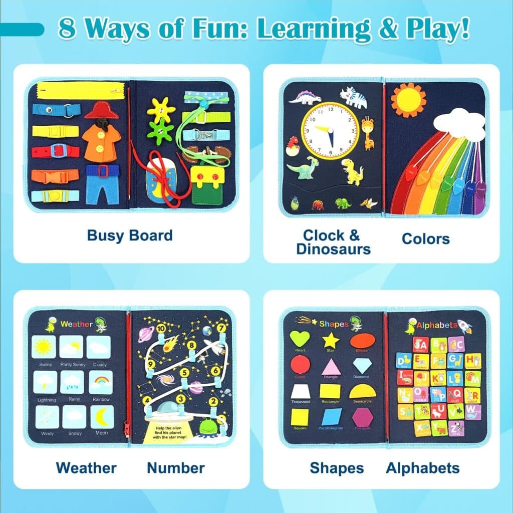 Qizfun Busy Board Montessori Toy for 1 2 3 4 Years Old, Educational Activity Sensory Board Preschool Learning Fine Motor Skills Toys, Toddler Travel Toy for Plane Car, Gift for Boys Girls (Blue/P4)