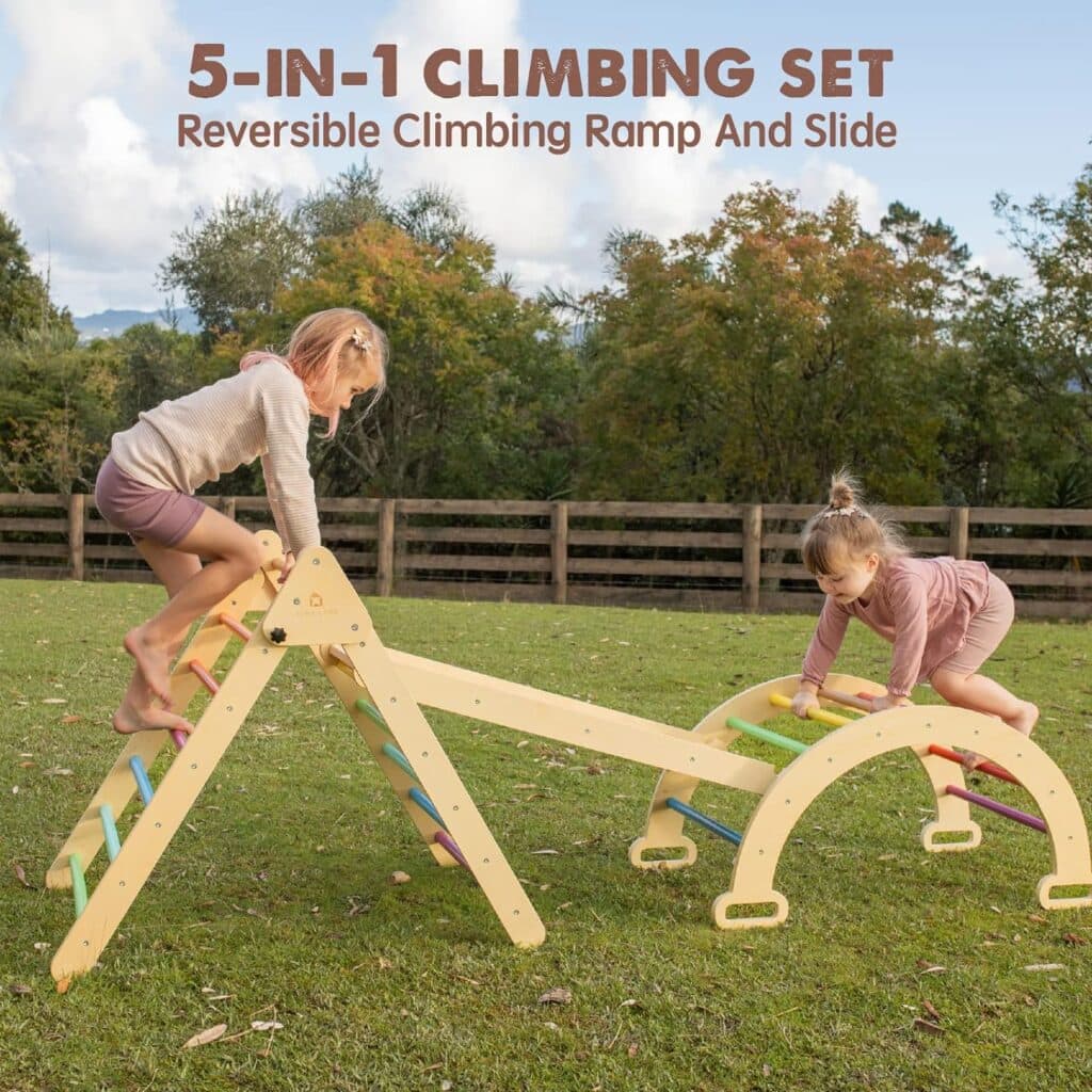 Tiny Land 5-in-1 Rainbow Pikler Triangle Set, Baby Climbing Toys Indoor Playground, Foldable Toddler Climbing Toys, Wooden Montessori Climbing Set for 2+ Years Old, Jungle Gym for Kids