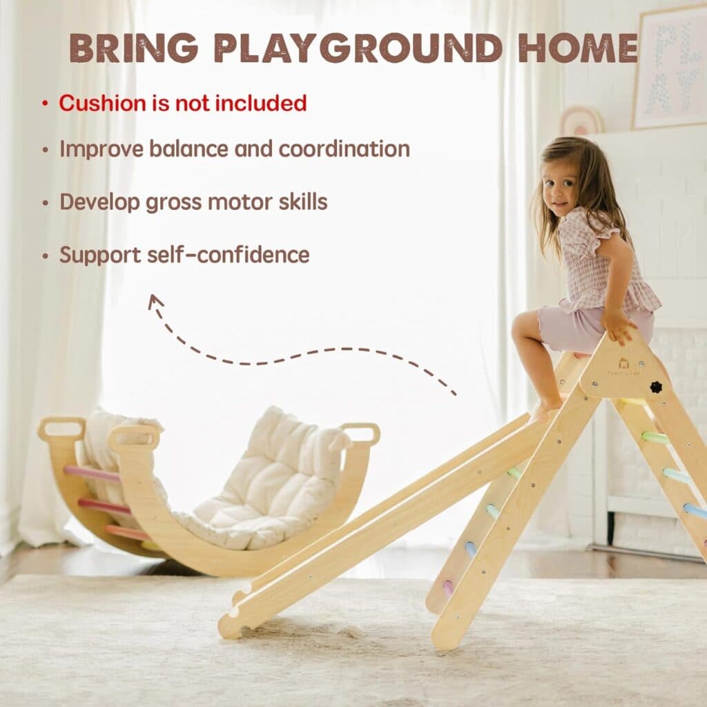 Tiny Land 5-in-1 Rainbow Pikler Triangle Set, Baby Climbing Toys Indoor Playground, Foldable Toddler Climbing Toys, Wooden Montessori Climbing Set for 2+ Years Old, Jungle Gym for Kids