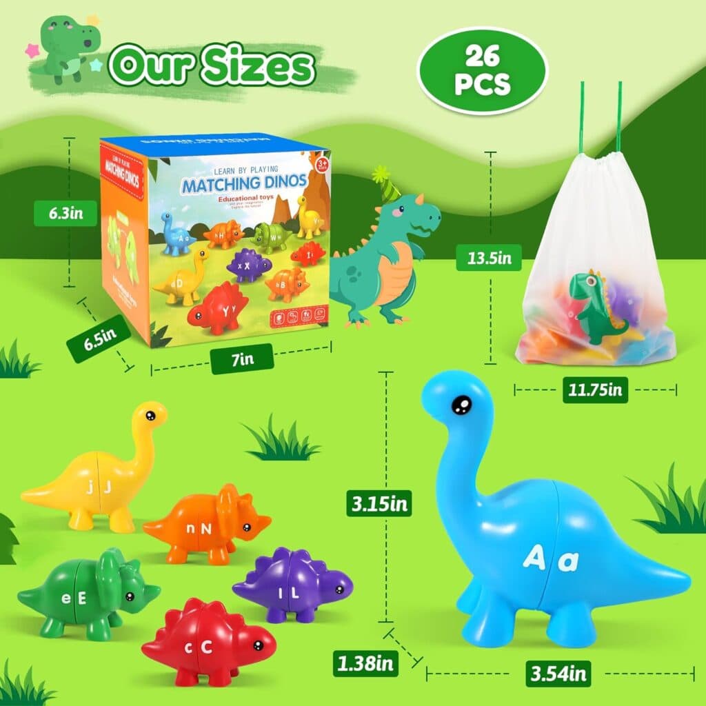 ABC Alphabet Dinosaurs Matching Learning Toy for Kids 2-4 3-5, 26PCS Montessori Double-Sided Dinosaur Toys Match Letter, Fine Motor Toys, Preschool Educational Learning Toys for Kid Toddlers