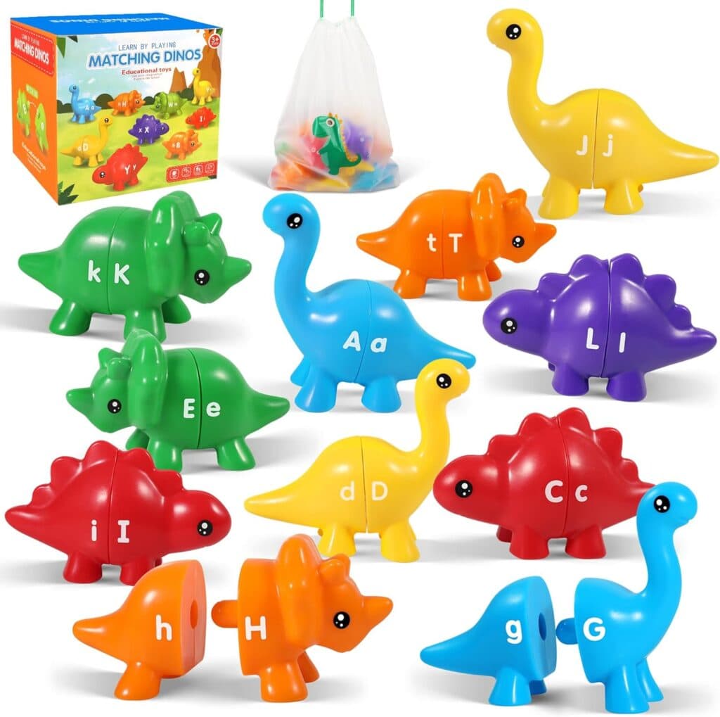 ABC Alphabet Dinosaurs Matching Learning Toy for Kids 2-4 3-5, 26PCS Montessori Double-Sided Dinosaur Toys Match Letter, Fine Motor Toys, Preschool Educational Learning Toys for Kid Toddlers