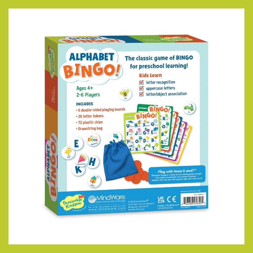 Peaceable Kingdom Alphabet Bingo! Letter Learning Educational Board Game for 2 to 6 Kids Ages 4+