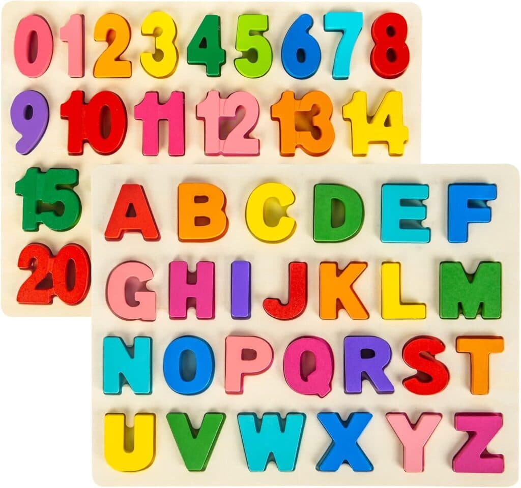 Wooden Puzzles for Toddlers, Alphabet Puzzle and Number Puzzle, 2 in 1 Preschool Educational Learning Toys with Chunky Wood ABC Puzzle Board, for Girls Boys Kindergarten Set of 2