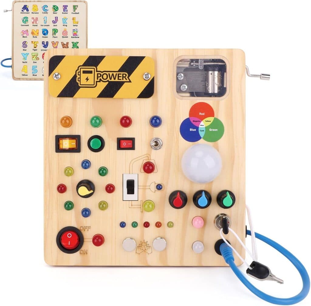 Busy Board,Montessori Toys for 1-3 Years Old, Wooden Toddler Toys, Autism Sensory Travel Toys, Ideal Gift for 1+ Year Old Boys (Busy Board Plus V2)