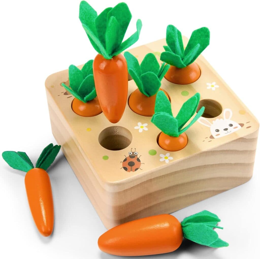 Montessori Toys for 1 Year Old, Wooden Toys Developmental Shape Sorting Matching Puzzle Carrots Harvest Game, Birthday Gifts for Toddlers Babies Boys and Girls 6-12 Months Christmas
