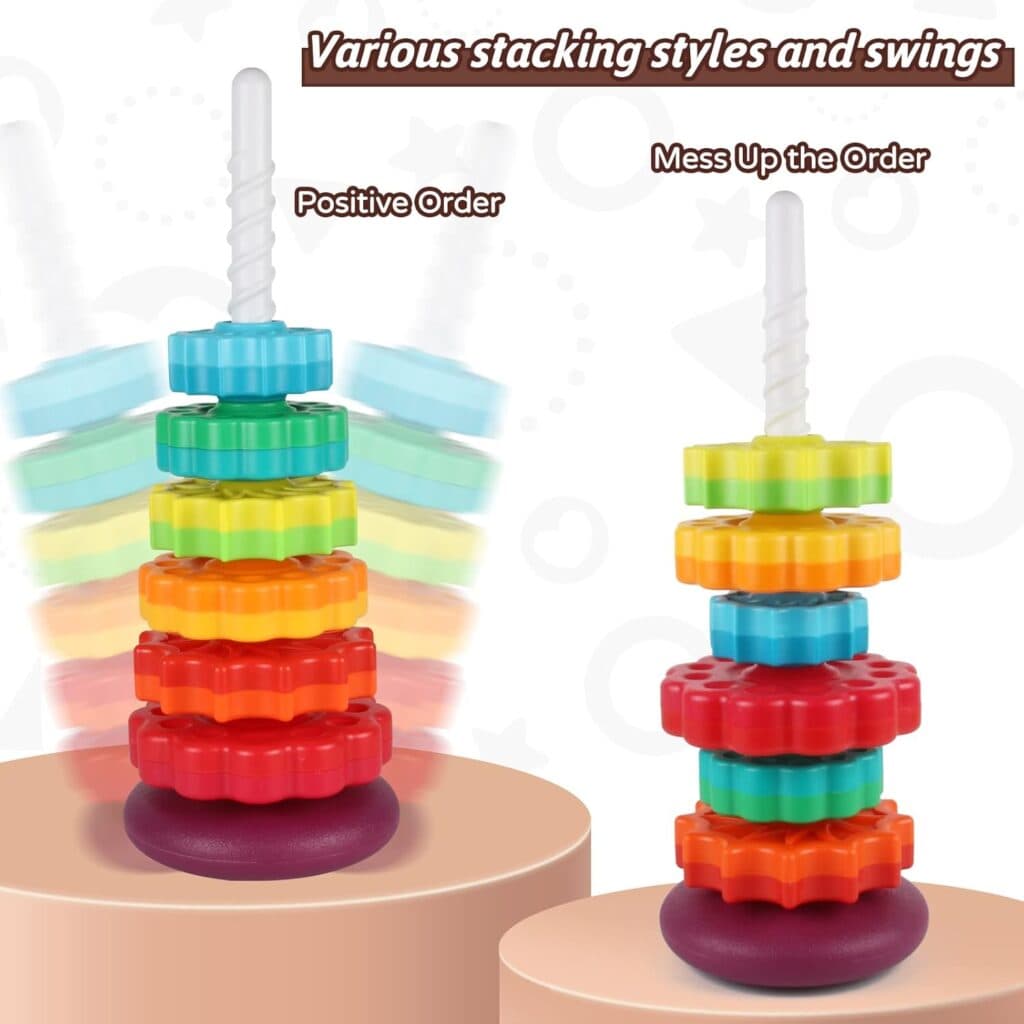 Baby Spinning Stacking Toys for Toddlers 1-3, Rainbow Ring Stacker Montessori Toys for Babies 6-12 Months, 1 2 3 One Year Old Girl Boy Christmas Birthday Gifts, Autism Sensory Learning Toy