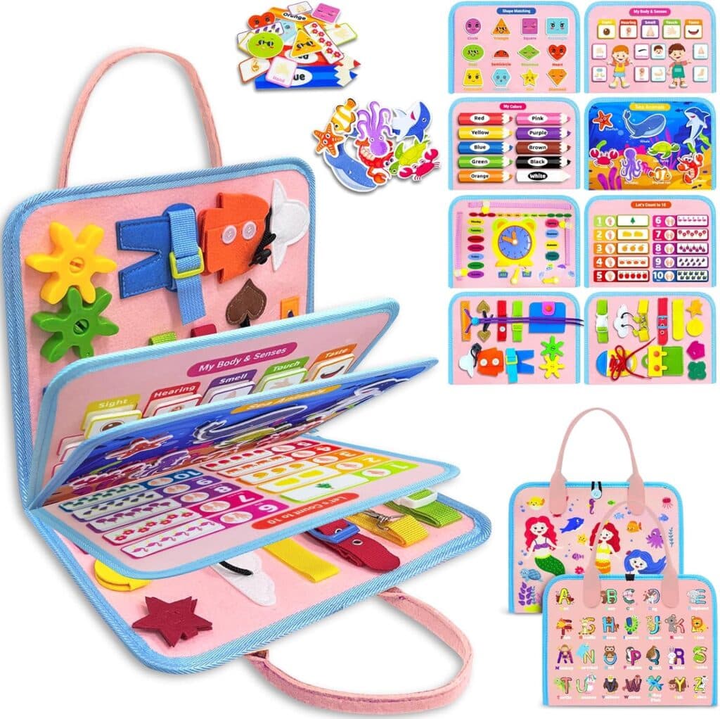 Exorany Busy Board Montessori Toys for 1 2 3 4 Year Old Boy Girl Birthday Gifts, Busy Book for Toddlers 1-3, Sensory Educational Travel Toys, Toddler Activities for Learning Fine Motor Skills