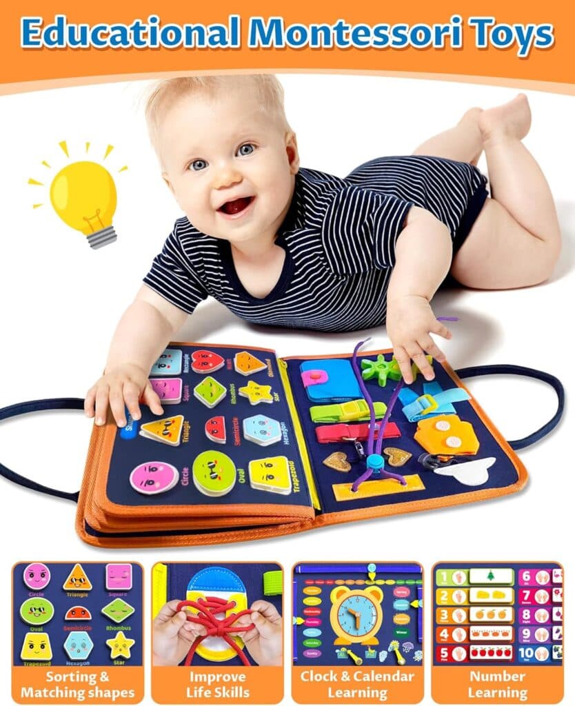 Exorany Busy Board Montessori Toys for 1 2 3 4 Year Old Boy Girl Birthday Gifts, Busy Book for Toddlers 1-3, Sensory Educational Travel Toys, Toddler Activities for Learning Fine Motor Skills