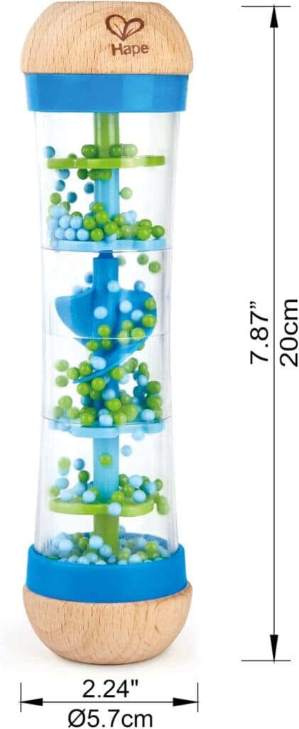 Hape Beaded Raindrops | Mini Wooden Musical Shake Rattle Rainmaker Toy, Blue, Model Number: E0328B ,L: 2, W: 2, H: 7.9 inch