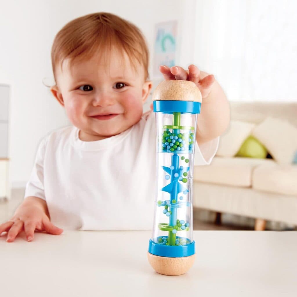 Hape Beaded Raindrops | Mini Wooden Musical Shake Rattle Rainmaker Toy, Blue, Model Number: E0328B ,L: 2, W: 2, H: 7.9 inch