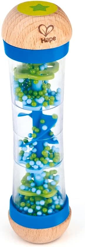 Hape Beaded Raindrops | Mini Wooden Musical Shake Rattle Rainmaker Toy, Blue, Model Number: E0328B ,L: 2, W: 2, H: 7.9 inch