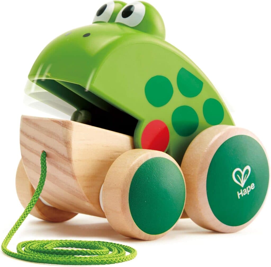 Hape Frog Pull-Along Wooden Frog Fly Eating Pull Toddler Toy, Bright Colours