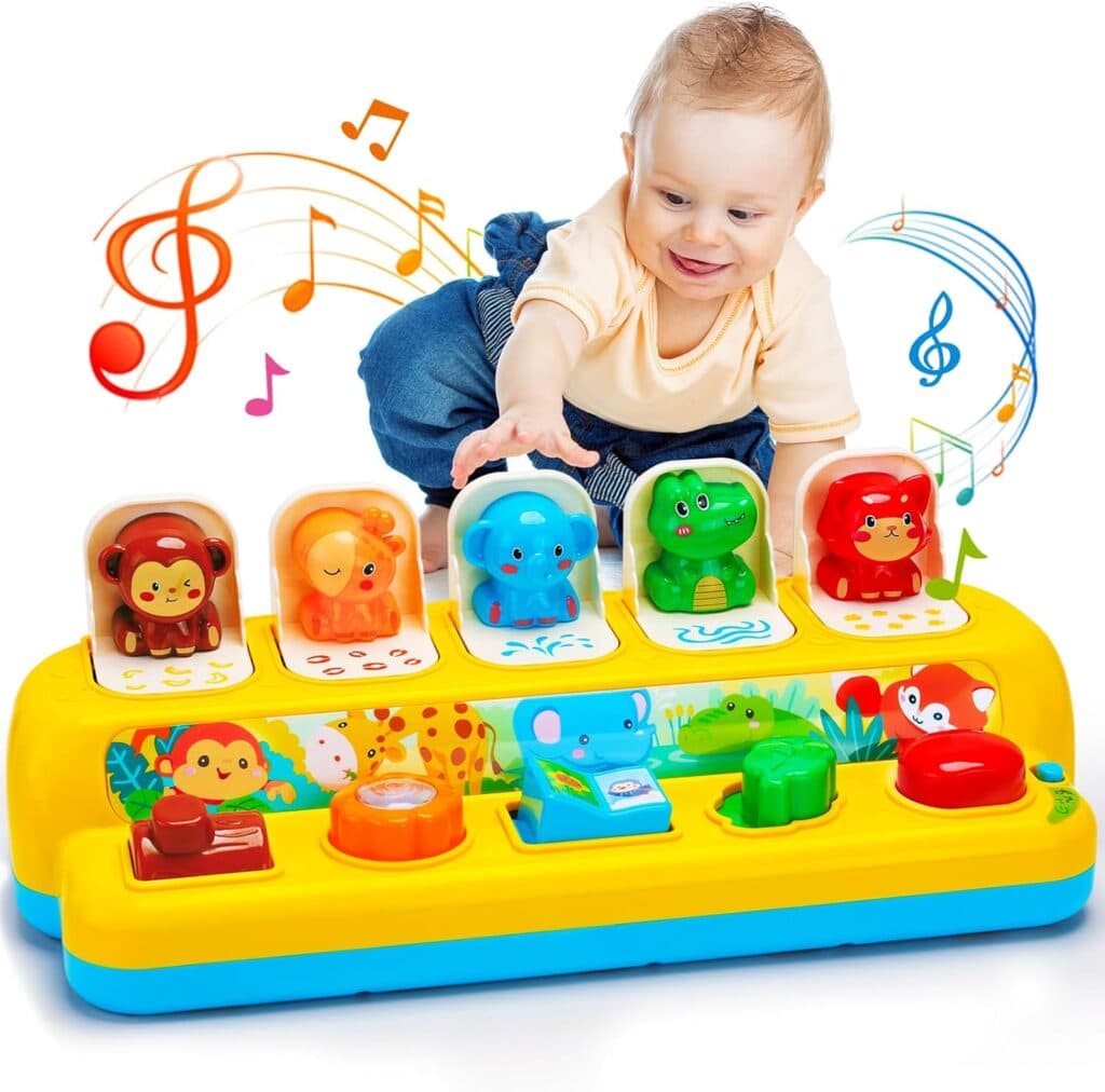 Interactive Pop up Animal Toys with Music Light, Montessori Cause and Effect Toys for 1 Year Old Boy Girl Early Learning Musical Baby Toys 9-12-18 Months STEM Toddler Toys Age 1-2 Gift for Infant