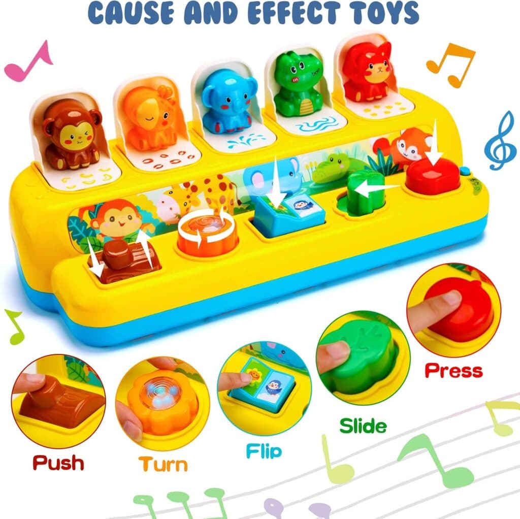 Interactive Pop up Animal Toys with Music Light, Montessori Cause and Effect Toys for 1 Year Old Boy Girl Early Learning Musical Baby Toys 9-12-18 Months STEM Toddler Toys Age 1-2 Gift for Infant
