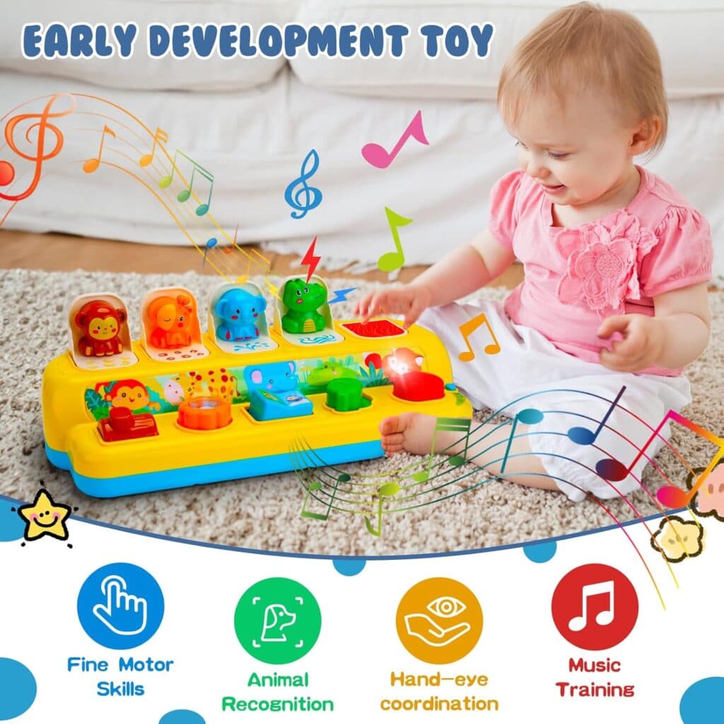 Interactive Pop up Animal Toys with Music Light, Montessori Cause and Effect Toys for 1 Year Old Boy Girl Early Learning Musical Baby Toys 9-12-18 Months STEM Toddler Toys Age 1-2 Gift for Infant