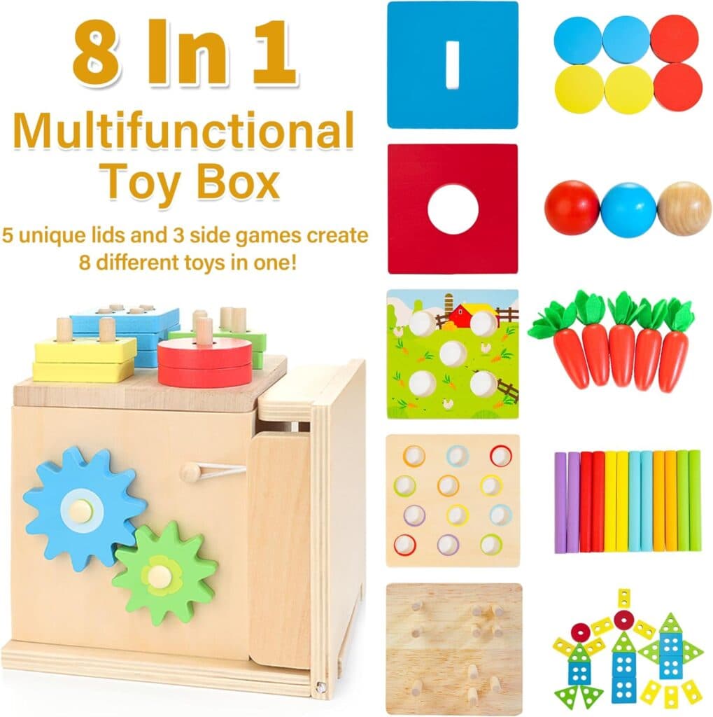 Kizfarm Wooden Montessori Baby Toys, 8-in-1 Wooden Play Kit Includes Object Permanent Box, Coin Box, Carrot Harvest, Shape Sorting Stacking - Christmas Birthday Gift for Boys Girls Toddlers