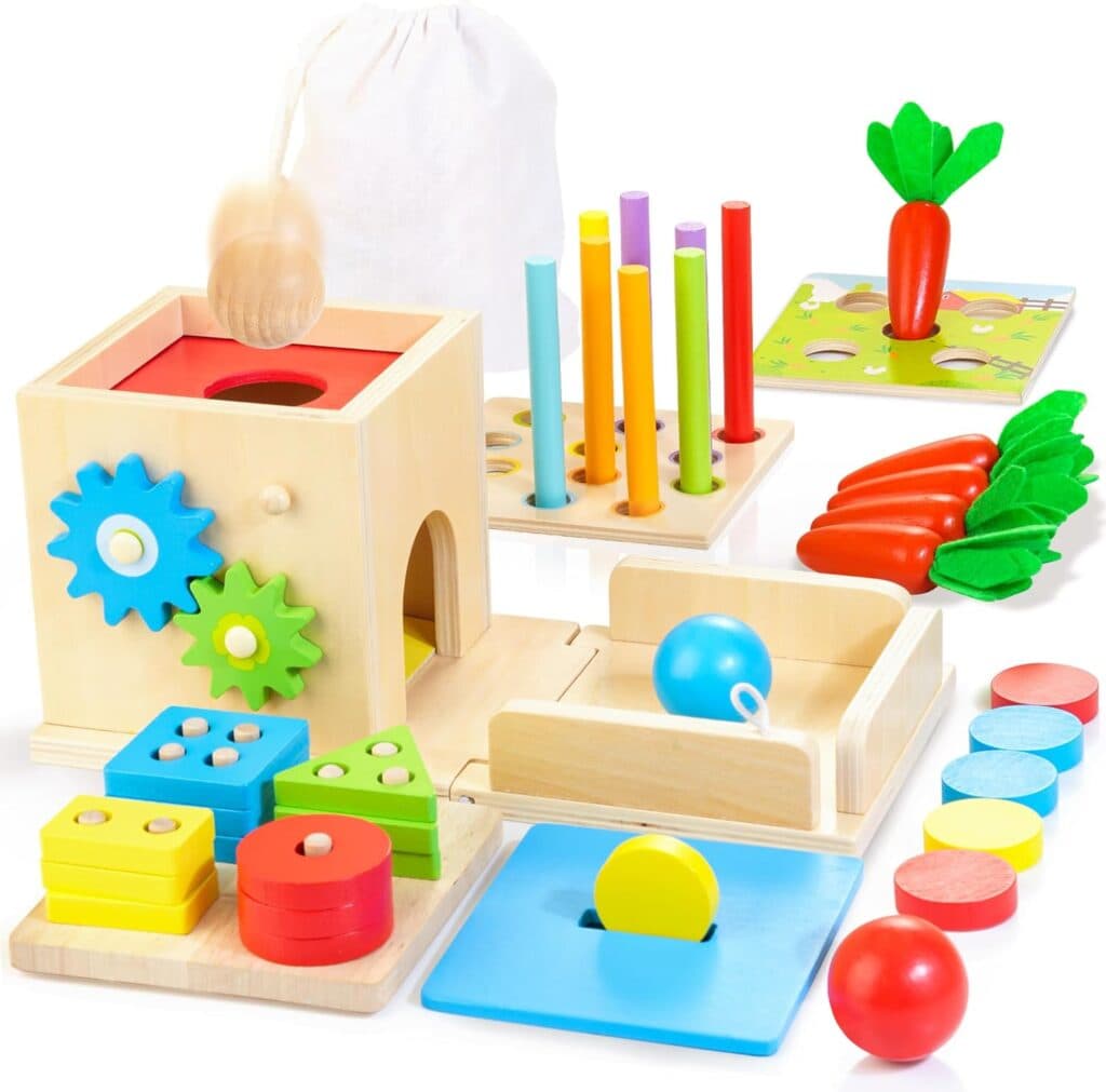 Kizfarm Wooden Montessori Baby Toys, 8-in-1 Wooden Play Kit Includes Object Permanent Box, Coin Box, Carrot Harvest, Shape Sorting Stacking - Christmas Birthday Gift for Boys Girls Toddlers