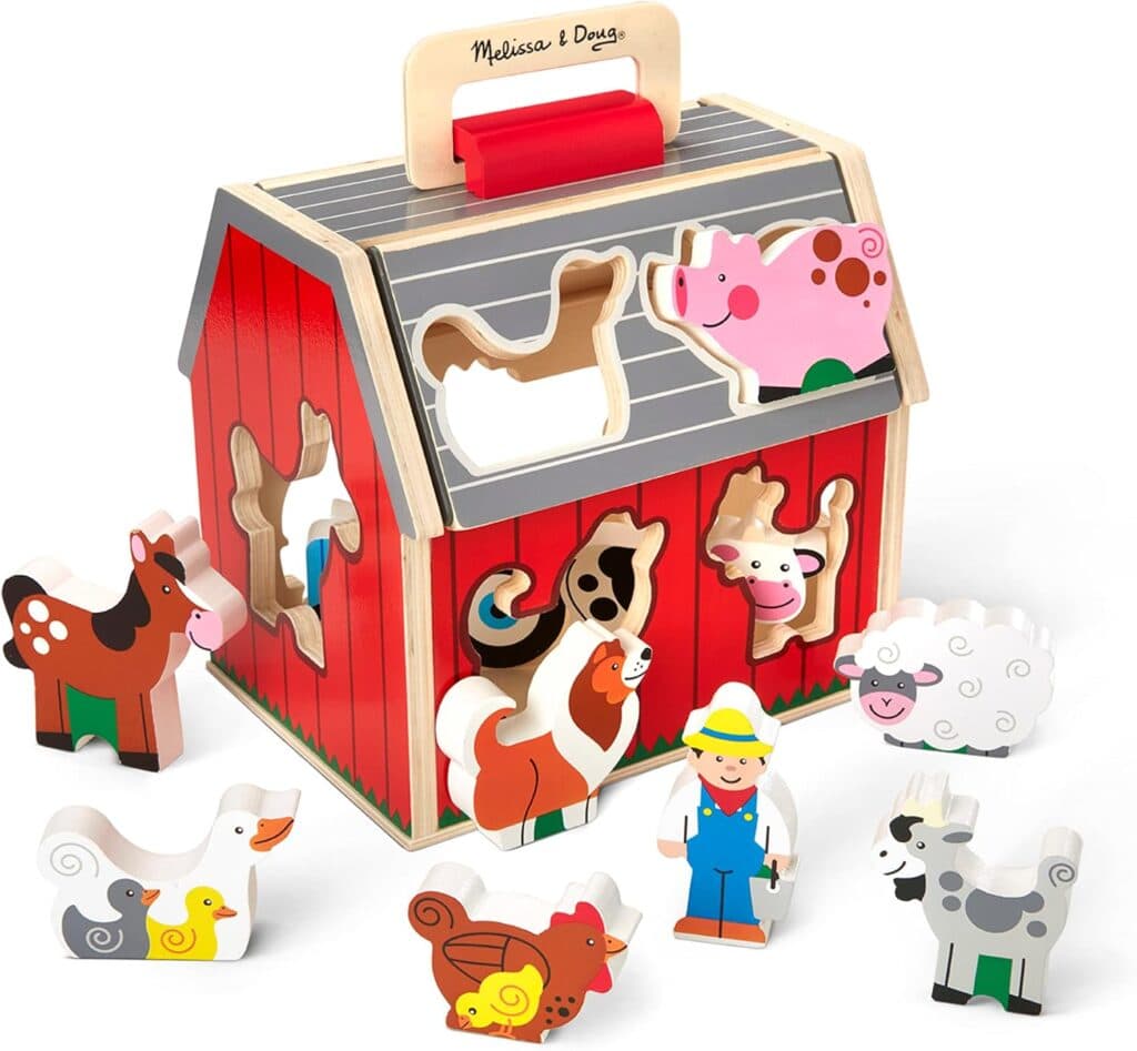 Melissa Doug Wooden Take-Along Barn Toy with Flip-Up Roof and Handle, 10 Farm Play Pieces, Shape Sorting And Stacking Learning Toys For Toddlers And Kids Ages 2+