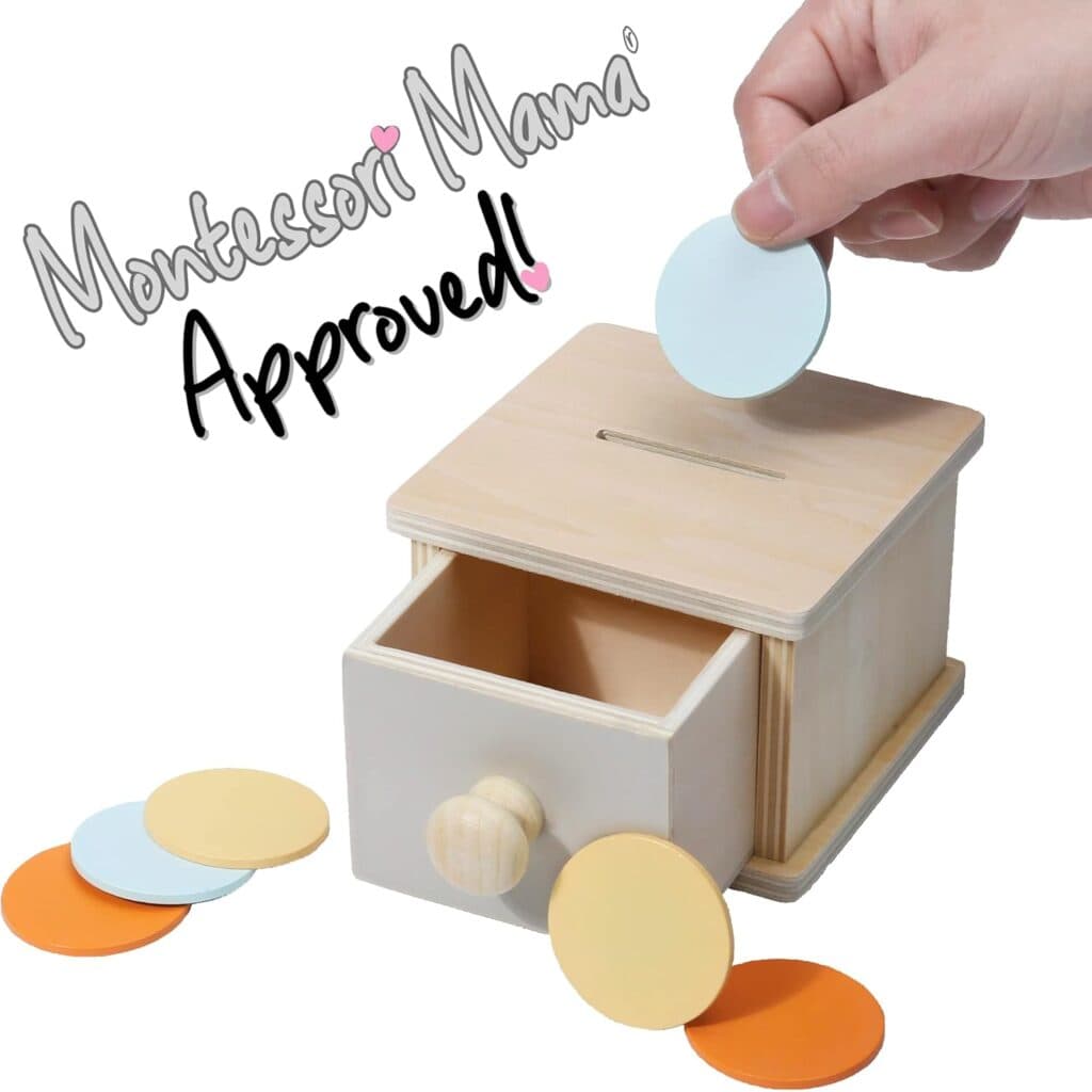 Montessori Mama Montessori Coin Box, Montessori Toys for 1 Year Old Toddler Coins, Baby Wooden Montessori Toy Ball Infant Drawer Drop