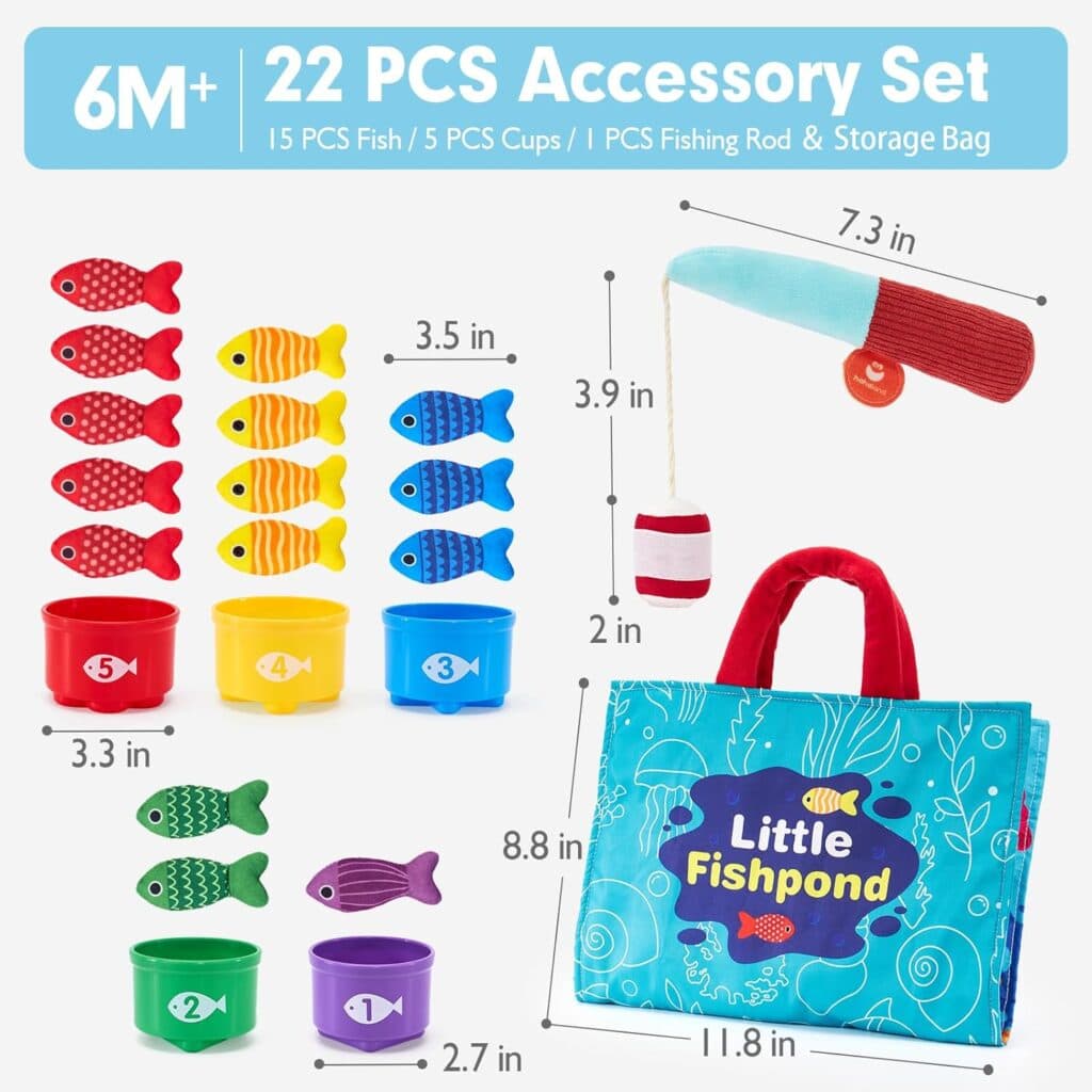 Toddler Toys Montessori Toys for 1 Year Old Boy Girl Birthday Gift -10 in 1 Cloth Fishing Game for Toddlers 1-3 with Stacking Cups- Number Counting, Color Sorting, Shape Learning Baby Toys Baby Gifts