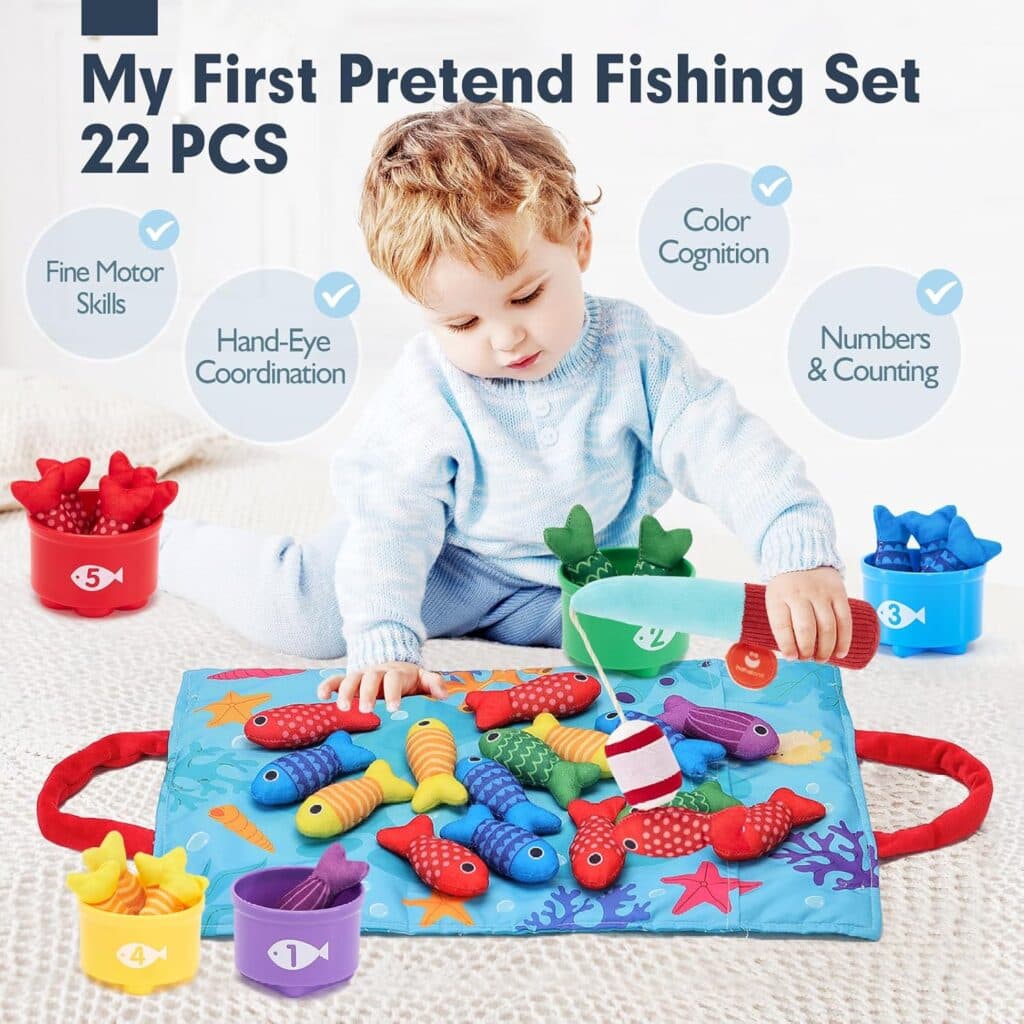 Toddler Toys Montessori Toys for 1 Year Old Boy Girl Birthday Gift -10 in 1 Cloth Fishing Game for Toddlers 1-3 with Stacking Cups- Number Counting, Color Sorting, Shape Learning Baby Toys Baby Gifts