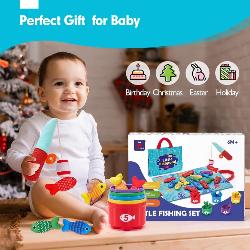 Toddler Toys Montessori Toys for 1 Year Old Boy Girl Birthday Gift -10 in 1 Cloth Fishing Game for Toddlers 1-3 with Stacking Cups- Number Counting, Color Sorting, Shape Learning Baby Toys Baby Gifts