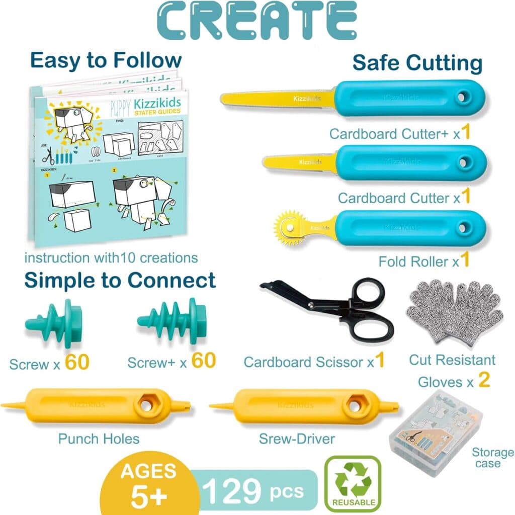 129 Piece Cardboard Tools for Kids with Tool Box, Montessori Construction Toys for Learning, Reusable Cardboard Cutting Tools for Kids, STEM Educational Gift for Boys and Girls Aged 5+