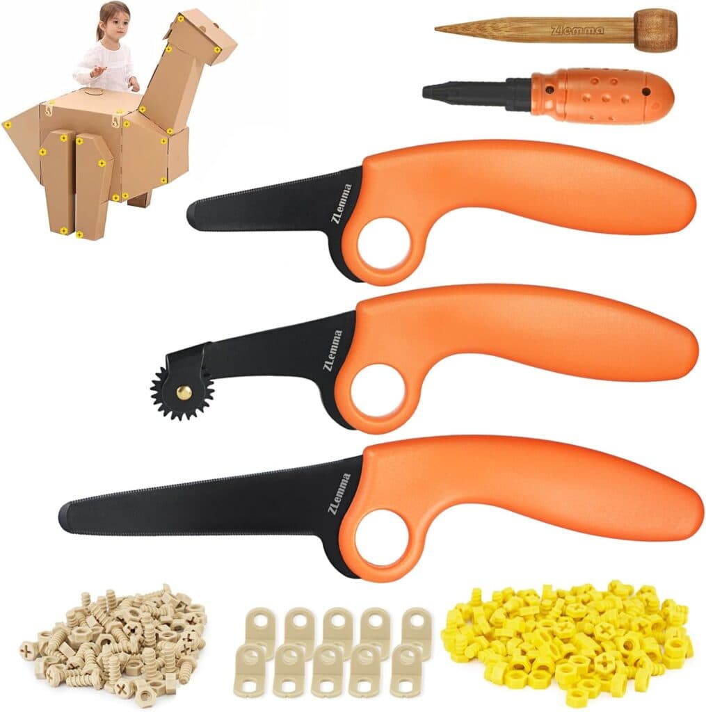 Cardboard Construction Kit for Kids 425 Piece for Family Team Cardboard Crafting Activities, Inventable Cardboard Cutter for Kids with Scoring Wheel, Screws Cardboard Building Tools Toolkit