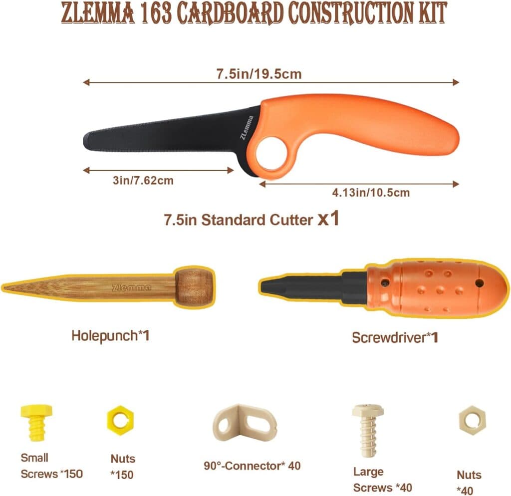 Cardboard Construction Tool Kit 163 Pieces-Educational Toys for at-Home Play + Classroom Learning | Reusable Cardboard Tools for Kids