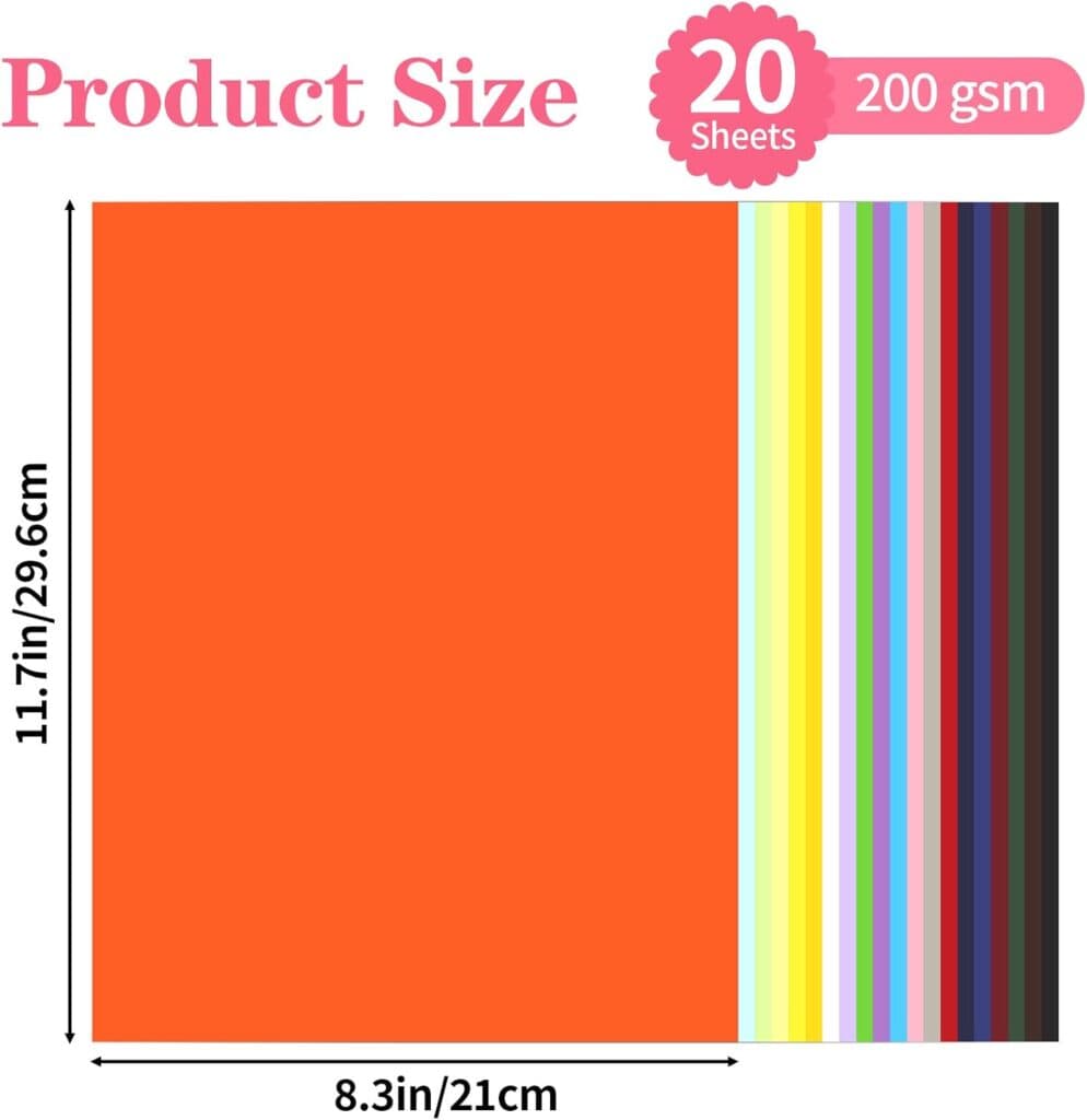 Colored Cardstock 20 Sheets, 20 Assorted Colors A4 Size Cardstock Paper 8.5 x 11, 200GSM 75 lb Cardstock Colored Paper for Card Making, Craft, Scrapbooking, Party Decors, Kids School Supplies