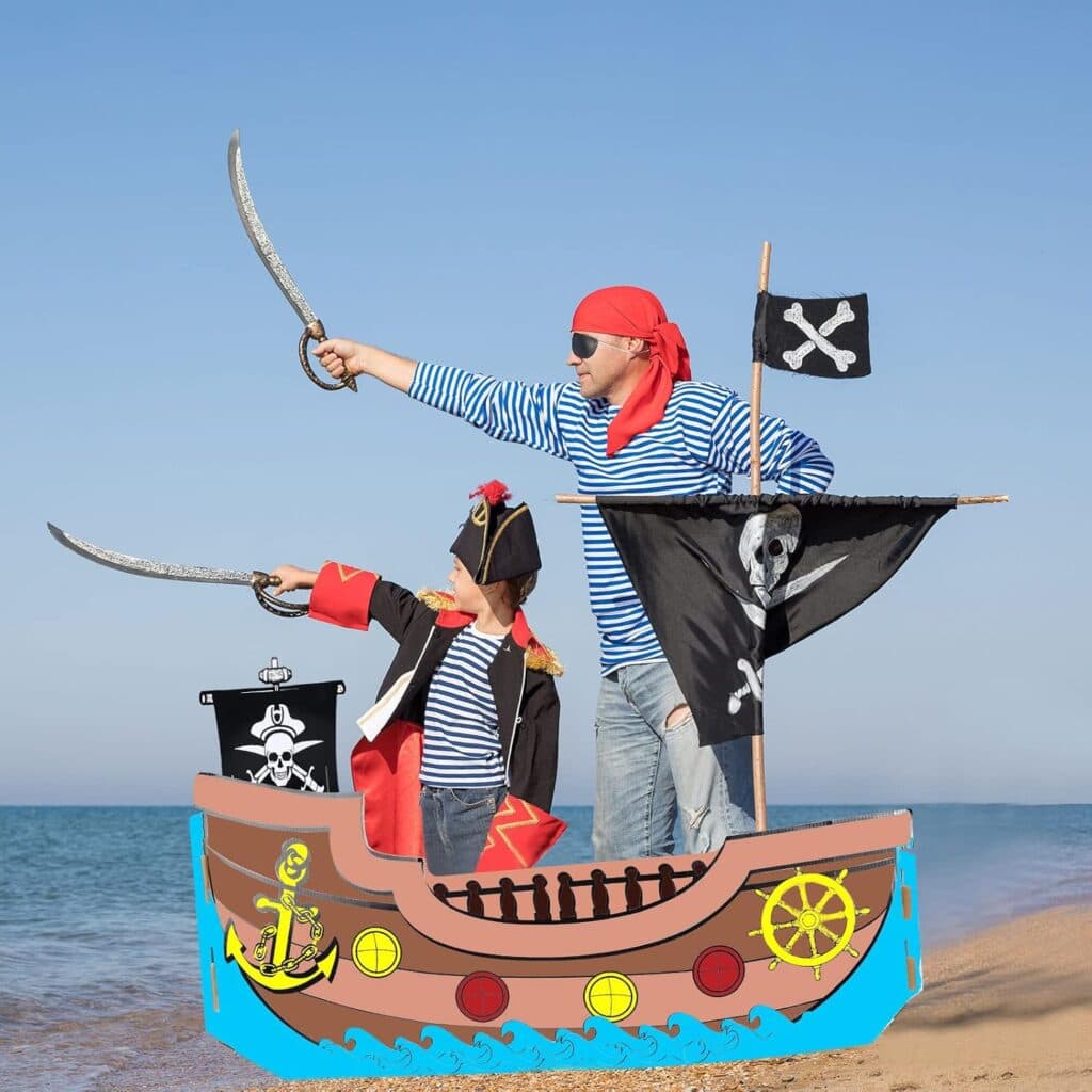 Coloring Pirate Boat Playhouse DIY Cardboard House for Kids Fun Halloween Crafts Large Decorate Kids Outdoor Playhouse for Boys Girls Toddlers Gift Indoor Outdoor Storage Folds Easily