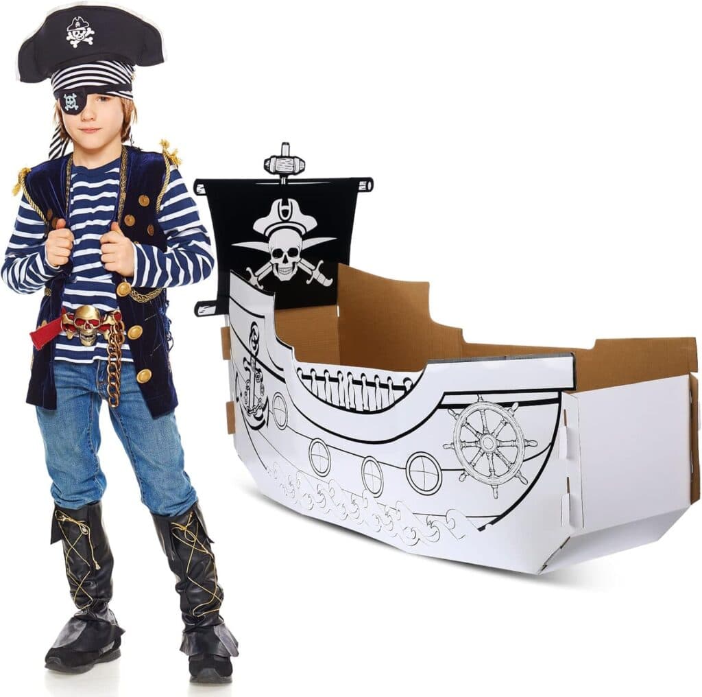 Coloring Pirate Boat Playhouse DIY Cardboard House for Kids Fun Halloween Crafts Large Decorate Kids Outdoor Playhouse for Boys Girls Toddlers Gift Indoor Outdoor Storage Folds Easily