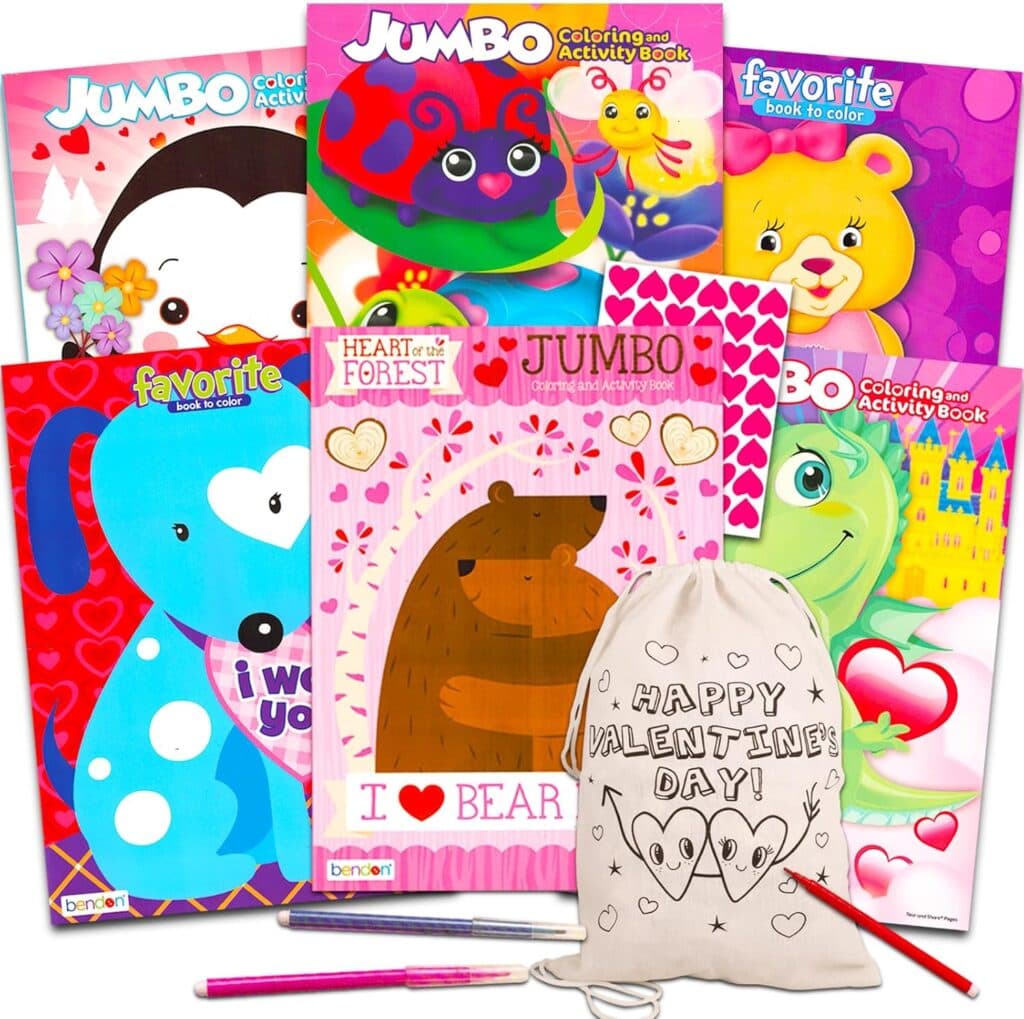 Valentines Day Coloring Set for Girls - Bundle with 6 Full Size Valentines Coloring Books Plus Color Your Own Valentines Bag | Valentines Coloring Books Set for Kids