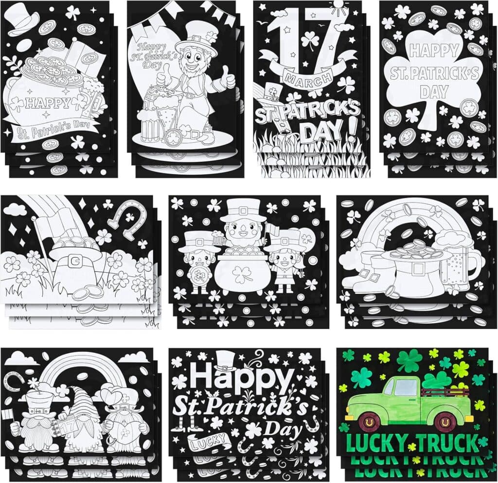 Zhanmai 30 Pcs St. Patricks Day Coloring Posters St. Patricks Day DIY Crafts Bulk Color Your Own Shamrock Irish Elf Hat Posters DIY Crafts for St. Patricks Party School Activities